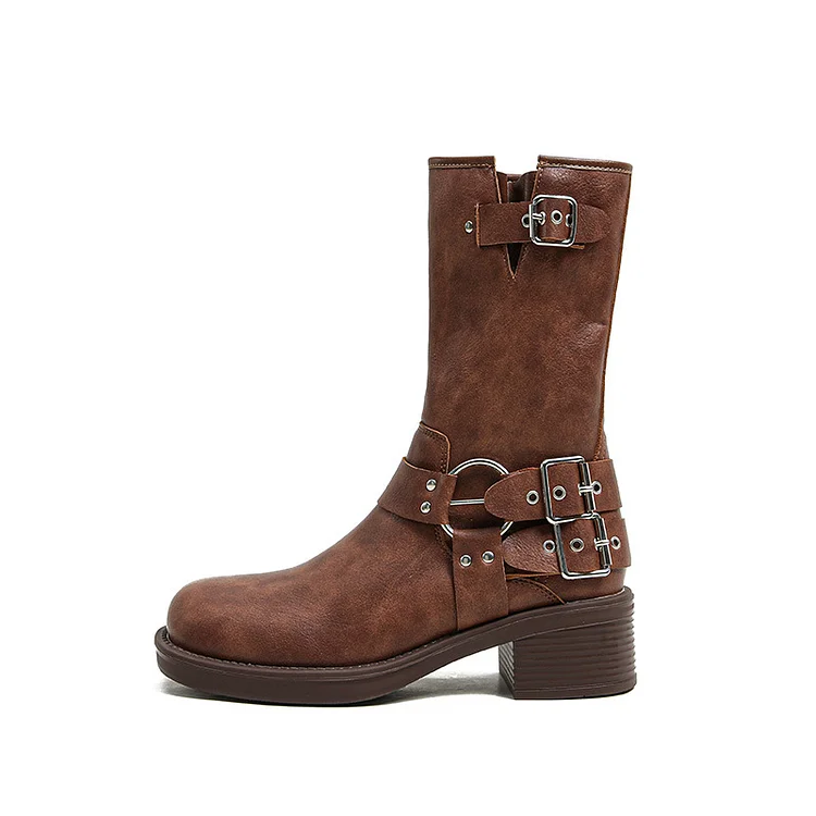 Women's Calf Buckle PU Round Toe Retro Western Gothic Boots  Stunahome.com