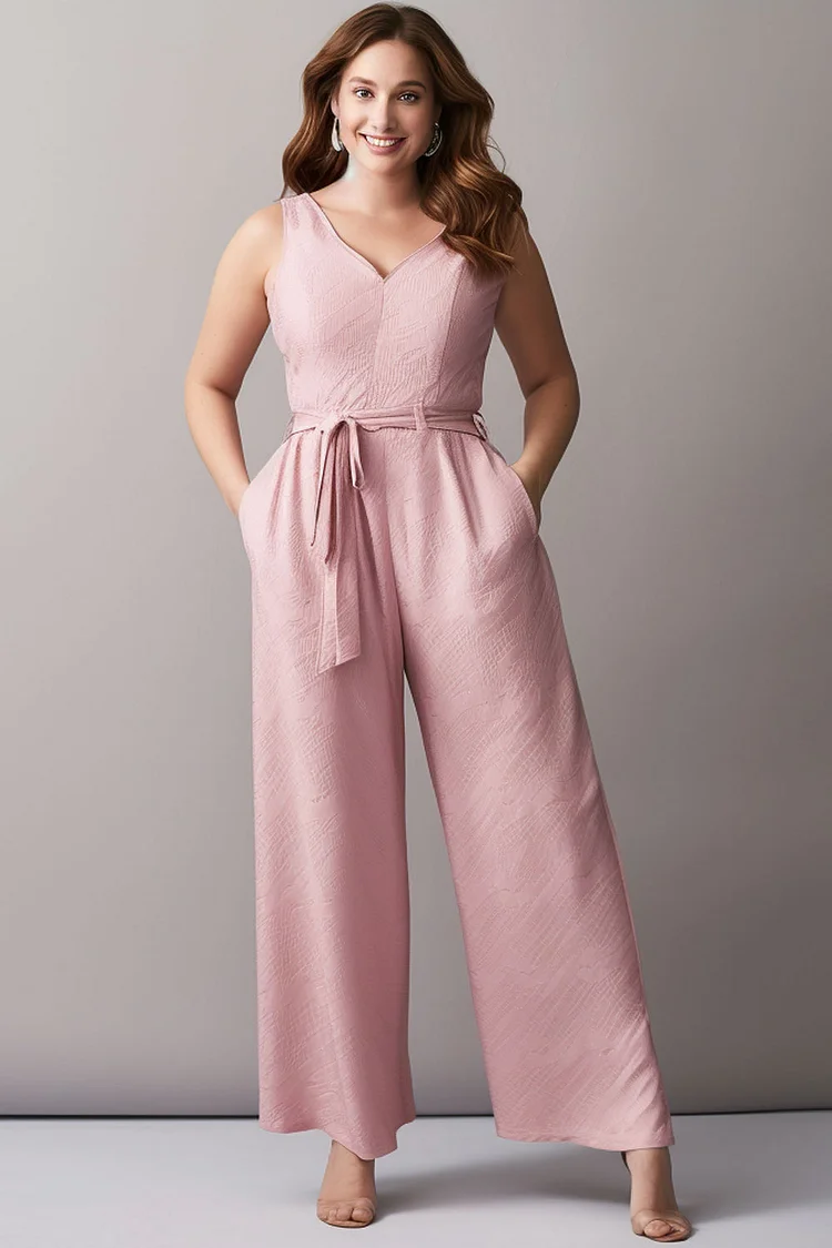 Flycurvy Plus Size Pink Everyday Pocket Vest With Belt Linen Jumpsuit  Flycurvy [product_label]