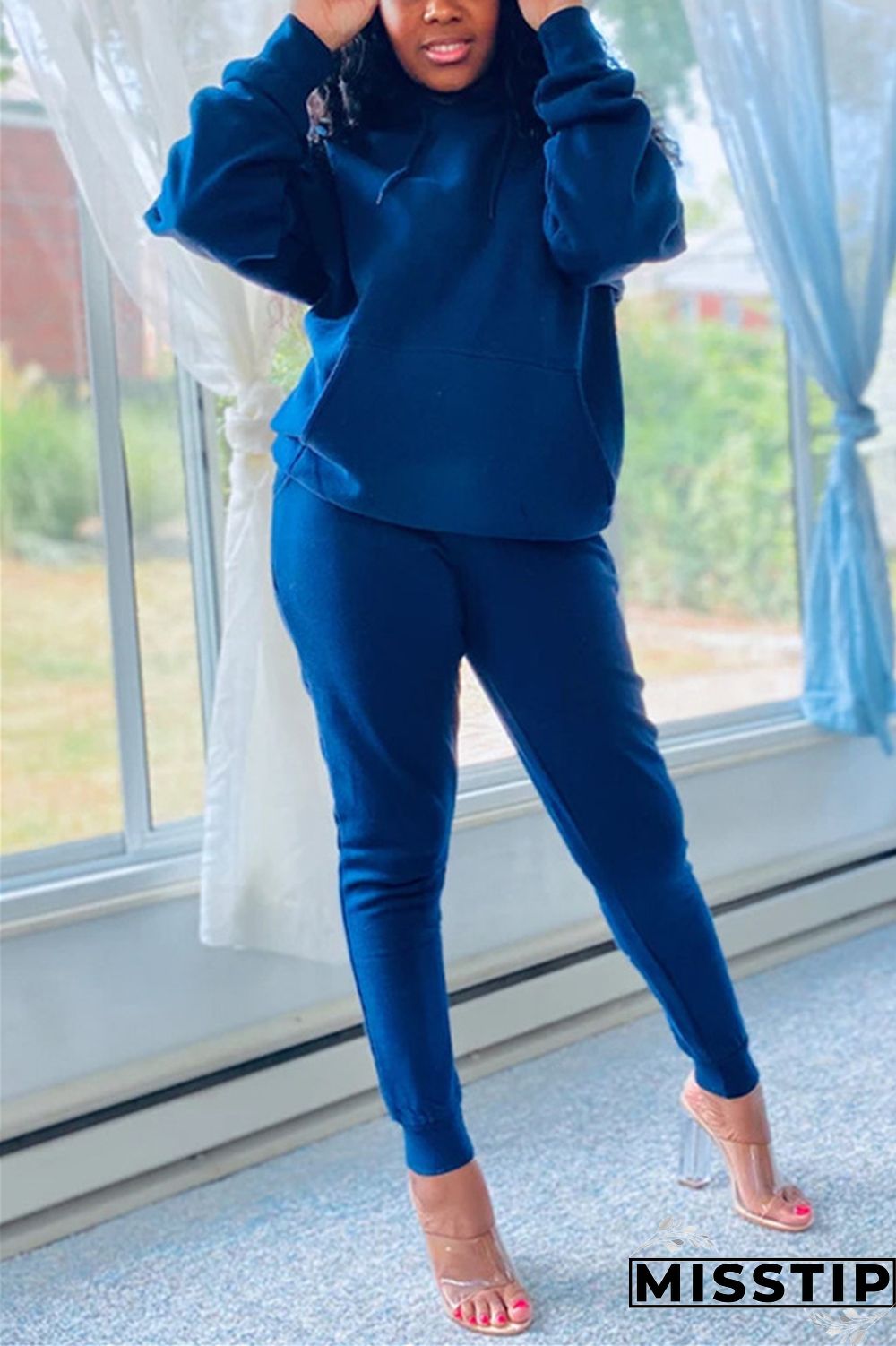 Blue Fashion Casual Long Sleeve Hooded Collar Regular Sleeve Regular Solid Two Pieces