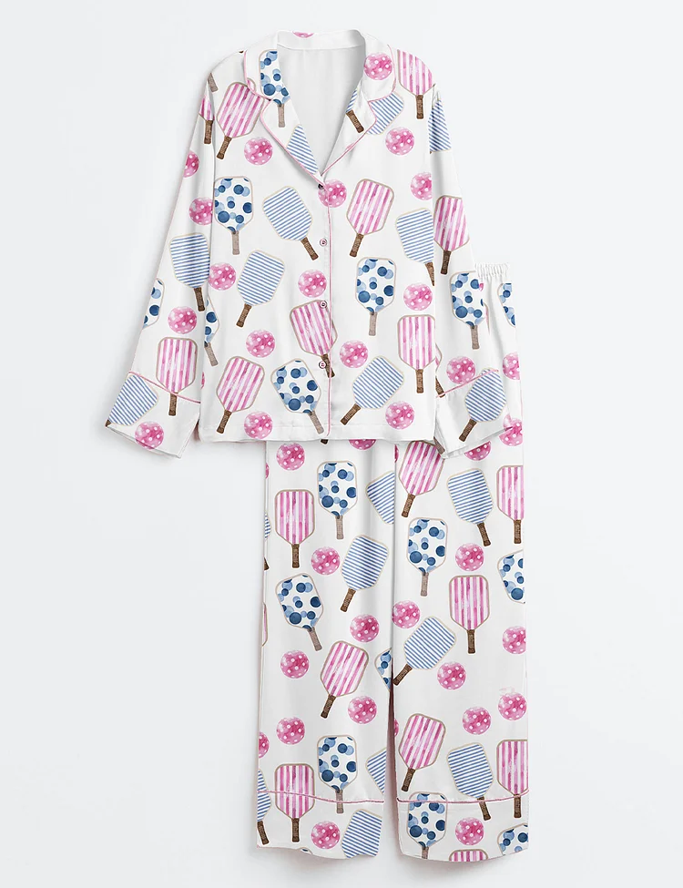 Women&rsquo;s Watercolor Stripes Pink And Blue Pickleball Paddle And Ball Long Sleeve Satin Pajama Set