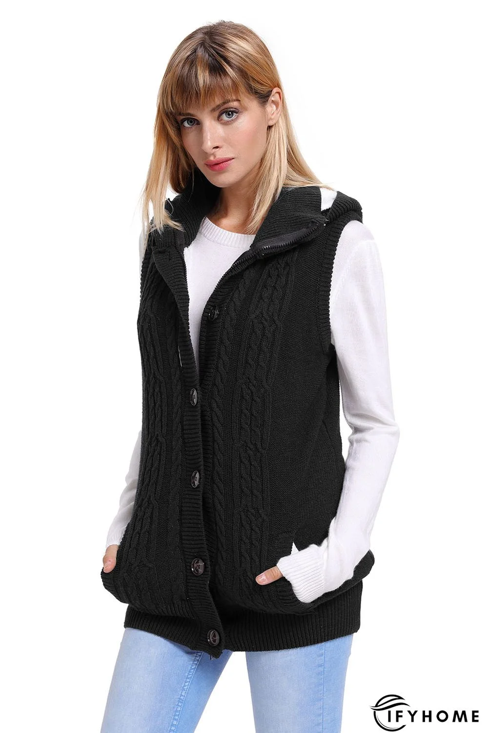 Black Cable Knit Hooded Sweater Vest | IFYHOME