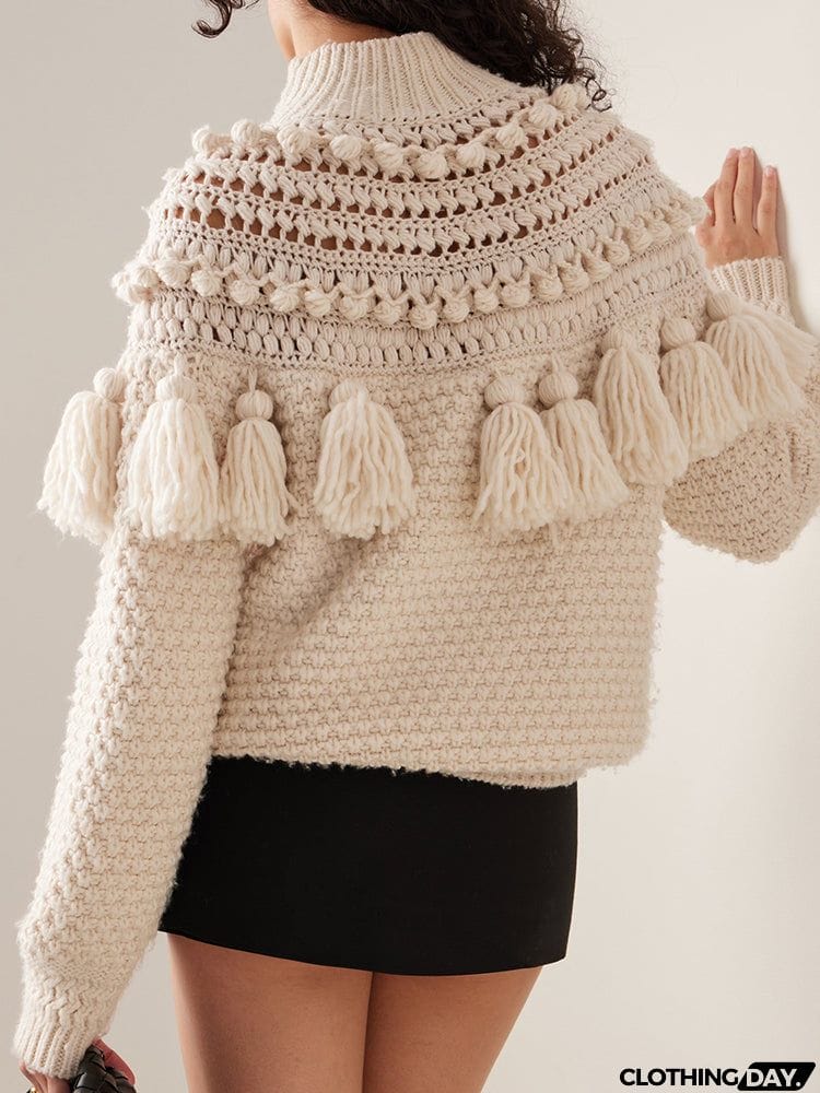 Bohemia Tasseled Crochet Jacquard Round-Neck Sweater Tops