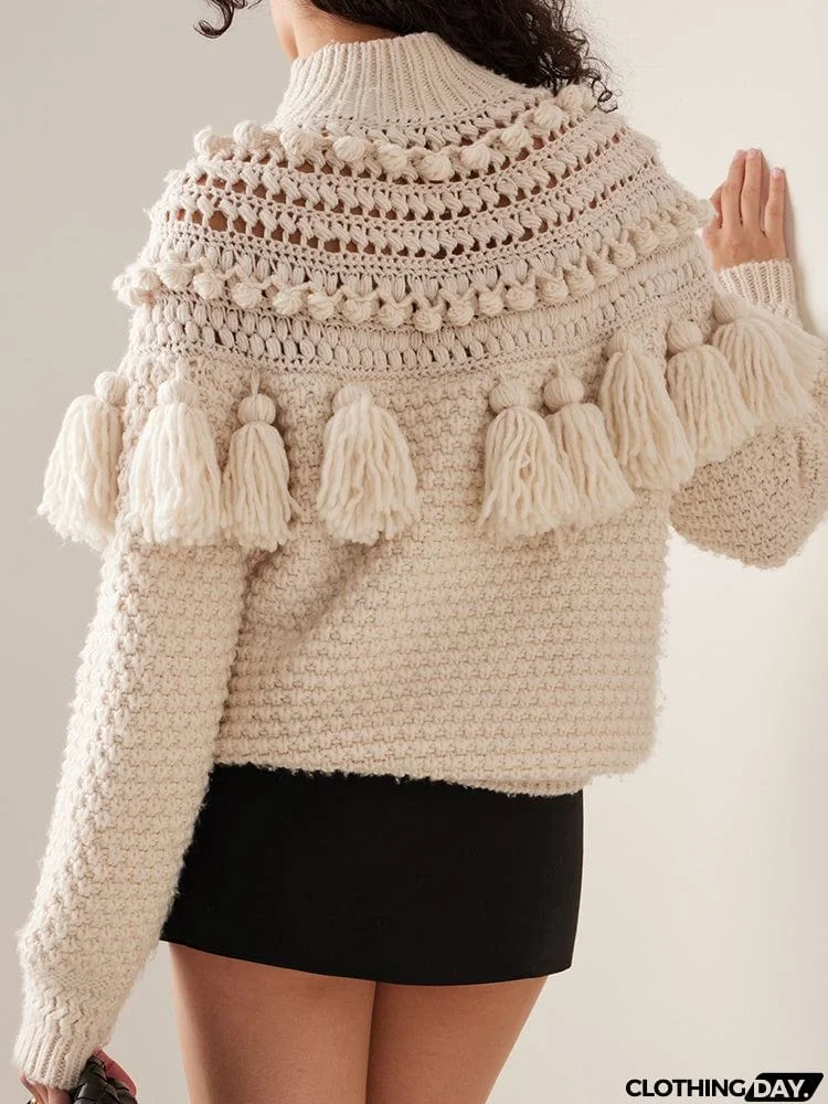 Bohemia Tasseled Crochet Jacquard Round-Neck Sweater Tops