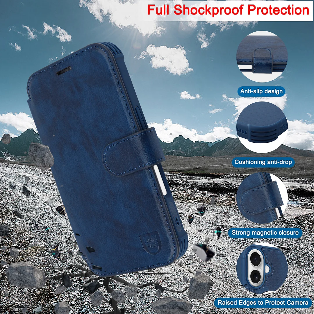 VANAVAGY Compatible for iPhone 16 Wallet Case for Magsafe Wireless Charging,Leather Flip Folio Wrist [Glass Screen Protectors & Camera Lens Protectors] with RFID Block Card Holder