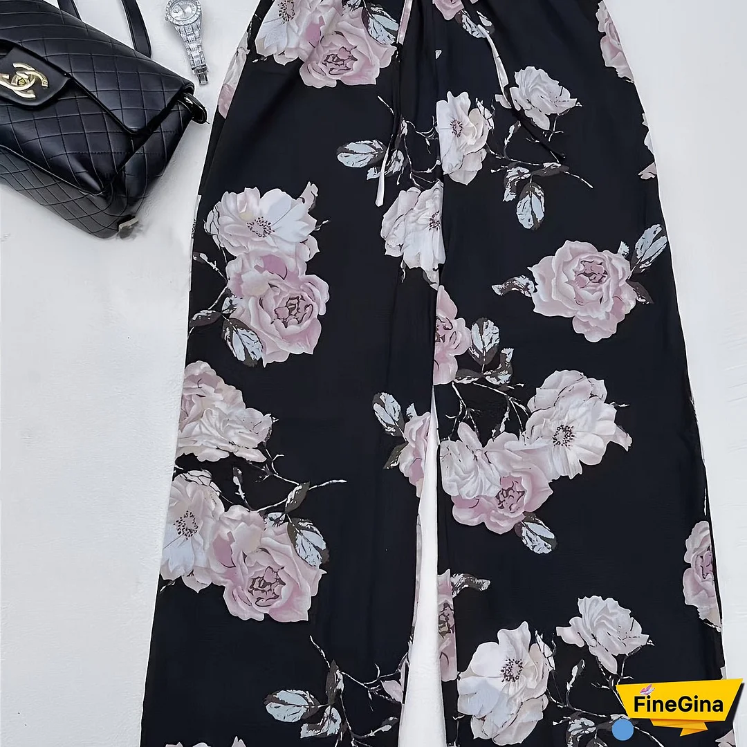 Plus Size Casual Pants, Women's Plus Floral Print Drawstring High Rise Slight Stretch Comfortable Wide Leg Pants