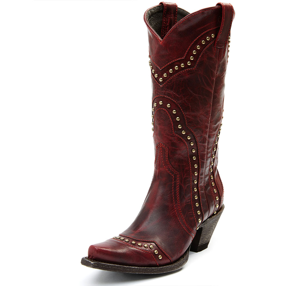 Maroon Snip Toe Chunky Heel Mid-Calf Cowgirl Boots with Studded Decor Nicepairs