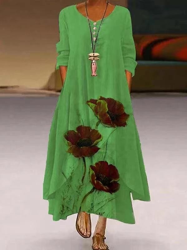 Large Flower Print Round Neck Long Sleeve Dress