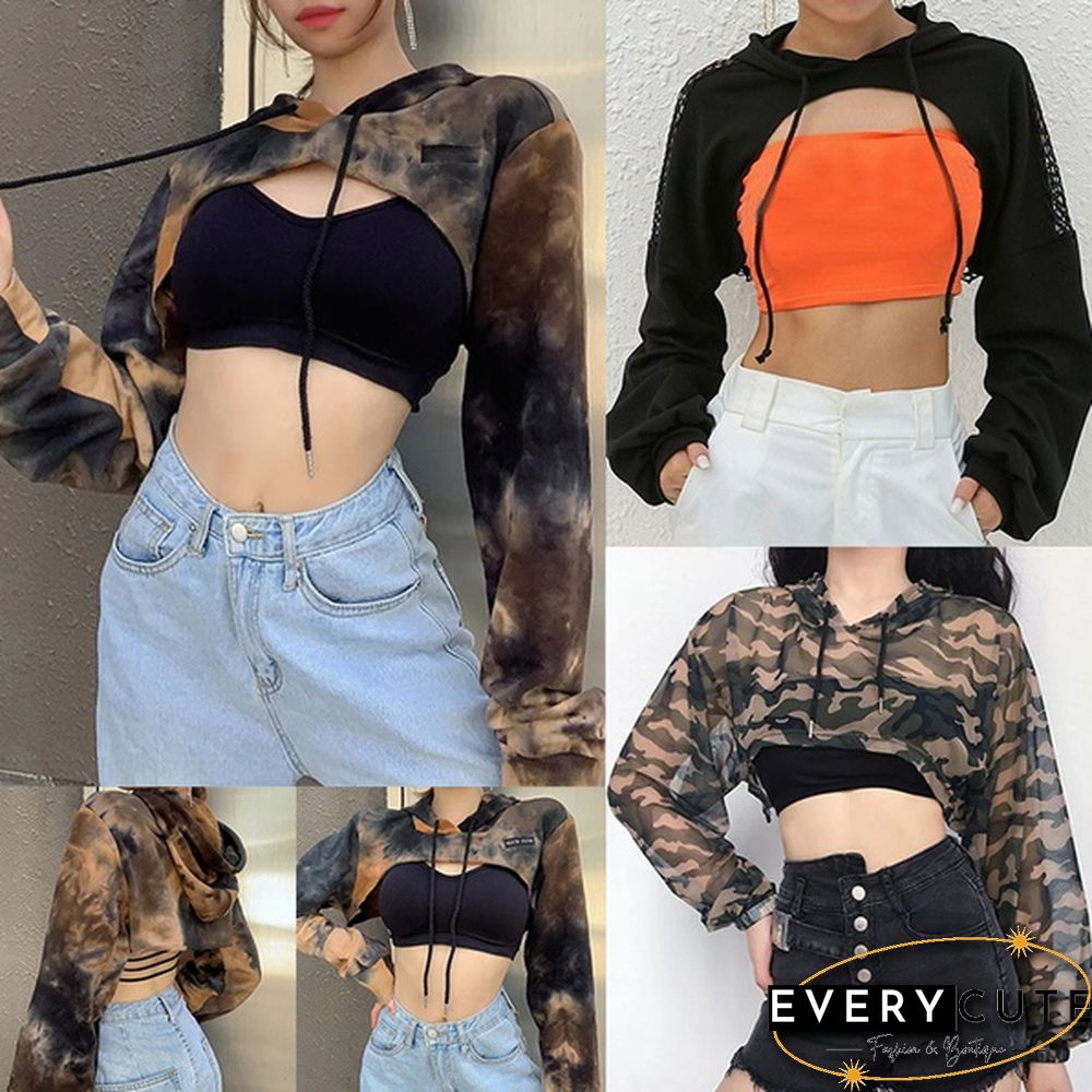 Women Long Sleeve Black Bustier Crop Top Mesh Harajuku Hiphop Loose Leopard Hoodie Sweatshirt Clubwear Tie Dye Top