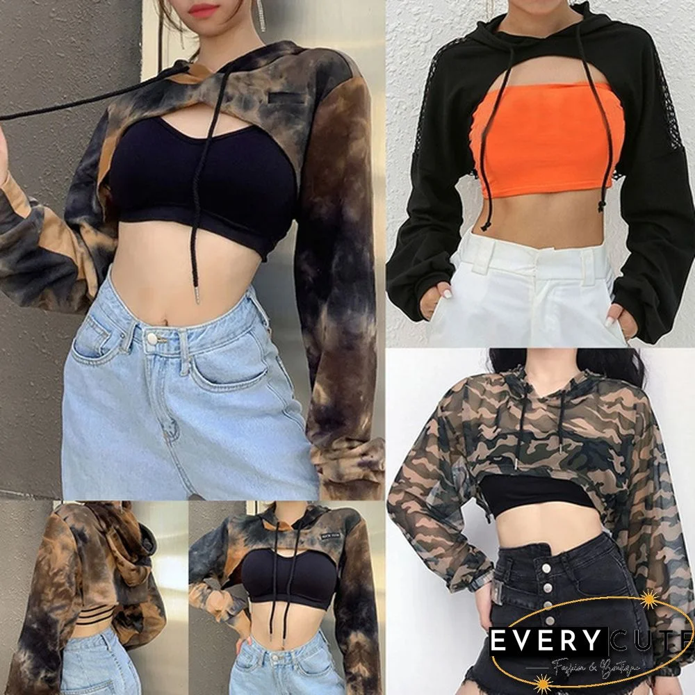 Women Long Sleeve Black Bustier Crop Top Mesh Harajuku Hiphop Loose Leopard Hoodie Sweatshirt Clubwear Tie Dye Top