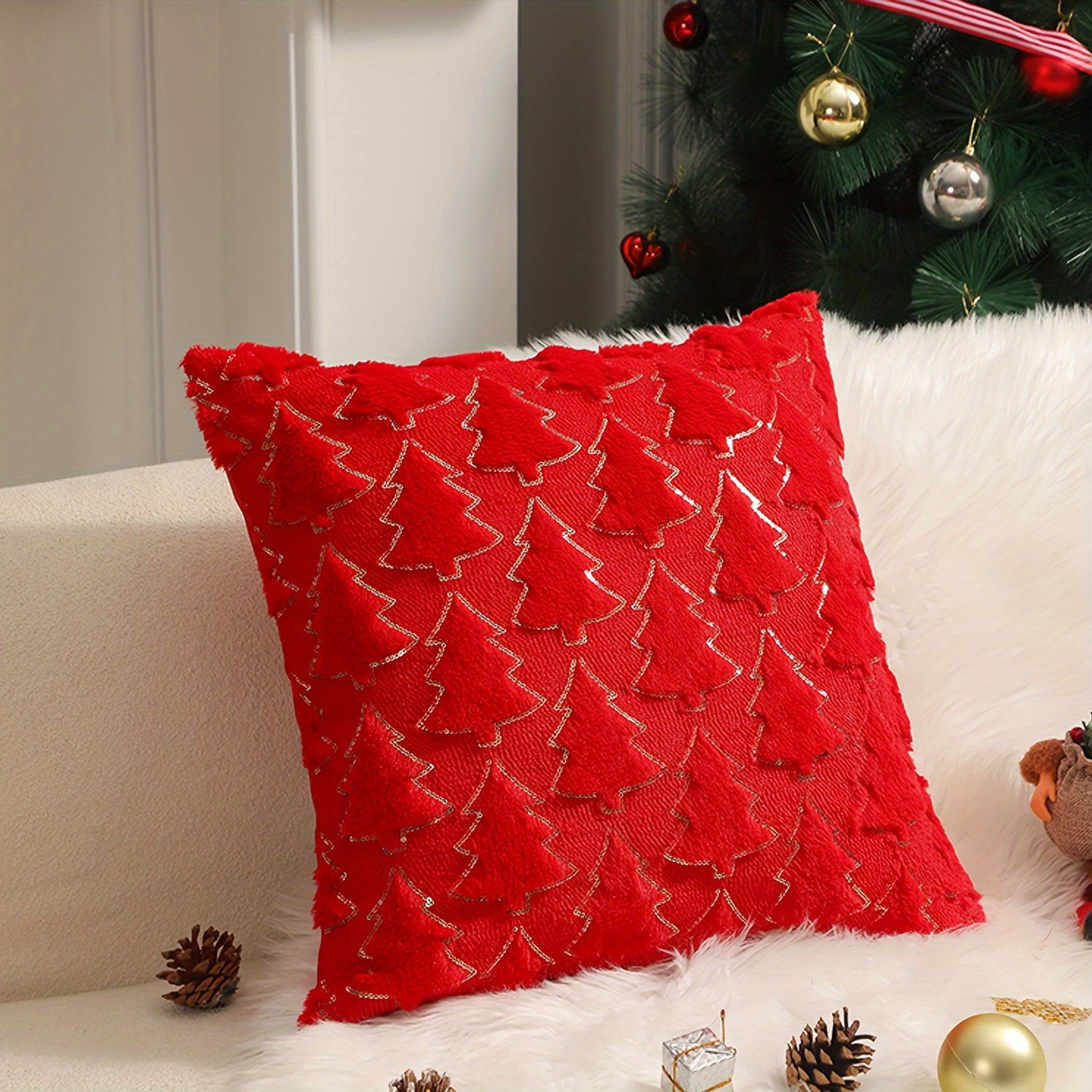 Festive Christmas Tree Pillow - Soft and Textured, Perfect for Your Living Room Decor - Machine Washable, Zipper Closure, Knit Fabric, No Stuffing, Polyester Cover