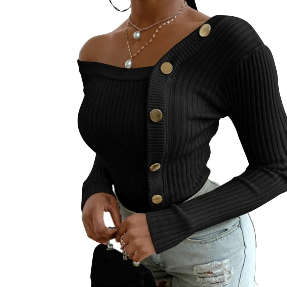 2023 Women Autumn Knitted Slim Sweaters Solid Knitted Female  Elastic Pullovers Button Full Sleeve Salsh Neck Sweater Jumper