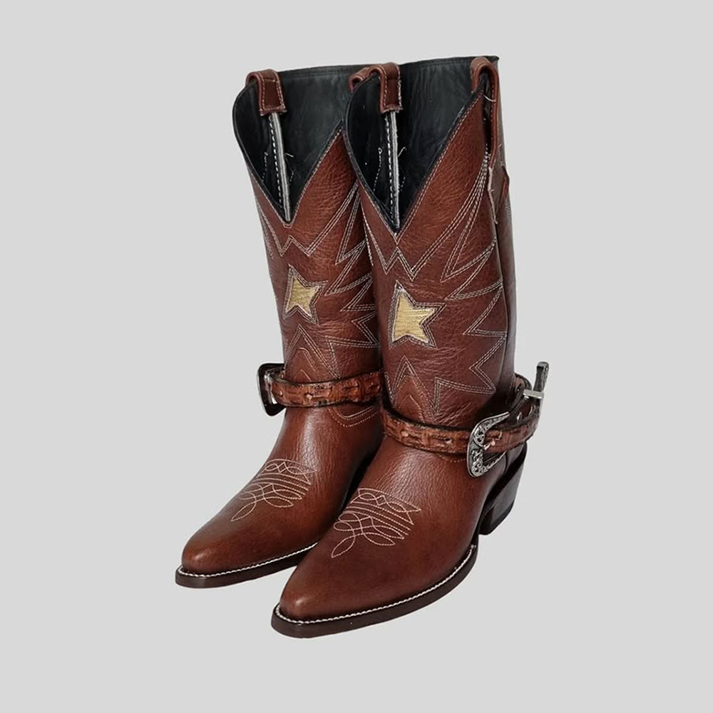 Brown Embroidered Mid-Calf Snip Toe Riding Western Boots for Women Nicepairs