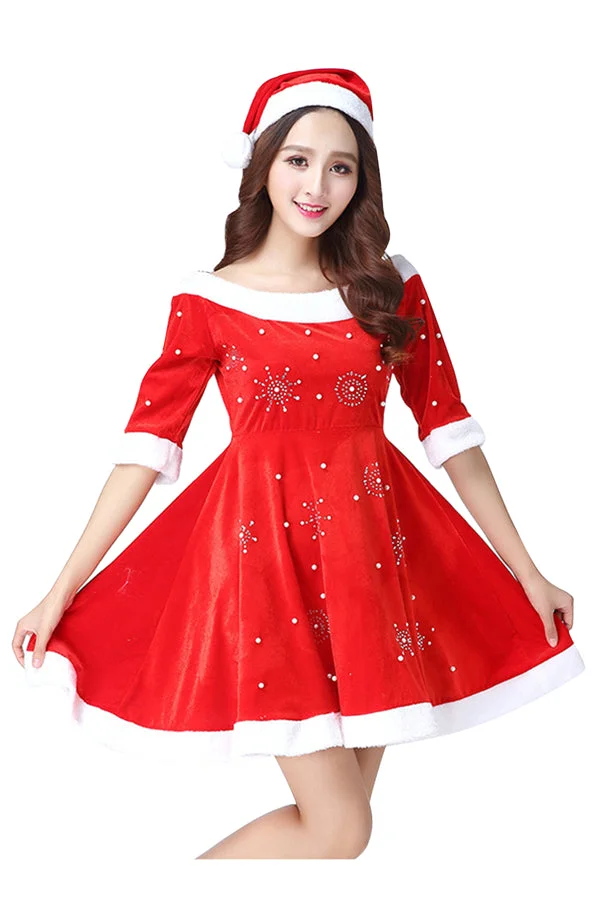 Cute Pearls Santa Dress Christmas Costume For Women Red-elleschic