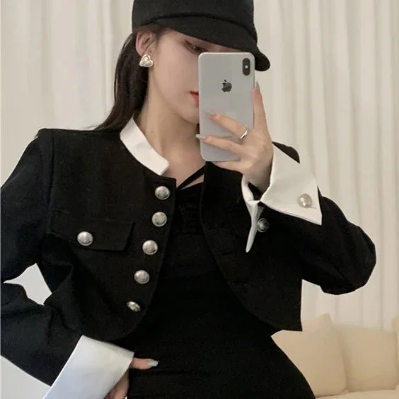 Tlbang Spring Two Pieces Set Women Contrast Cropped Coats + Black Off Shoulder Mini Elegant Dress Korean Fashion Y2k Streetwear