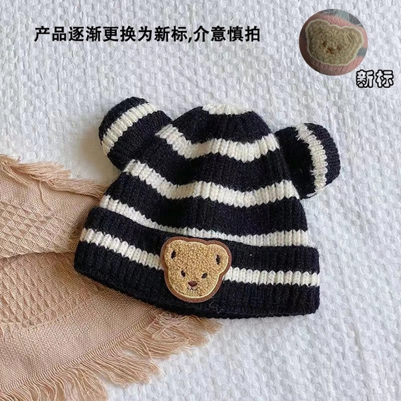 Autumn And Winter Children’s Warm Hat Cute Striped Bear Hat Korean Baby With Double Ball Knitted Hat Men’s And Women’s Treasure Hat
