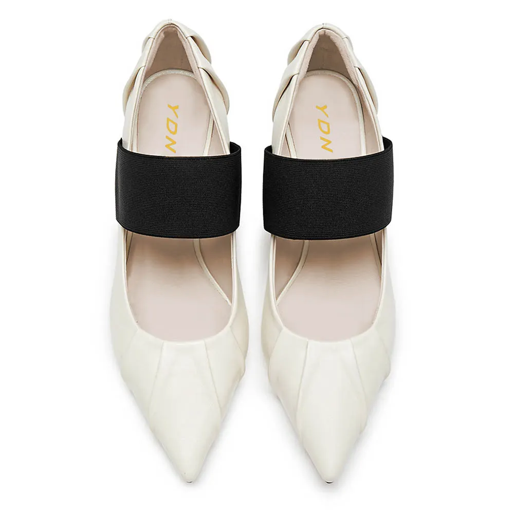 White Pointed Toe Pleated Mary Jane Heels with Elastic Band