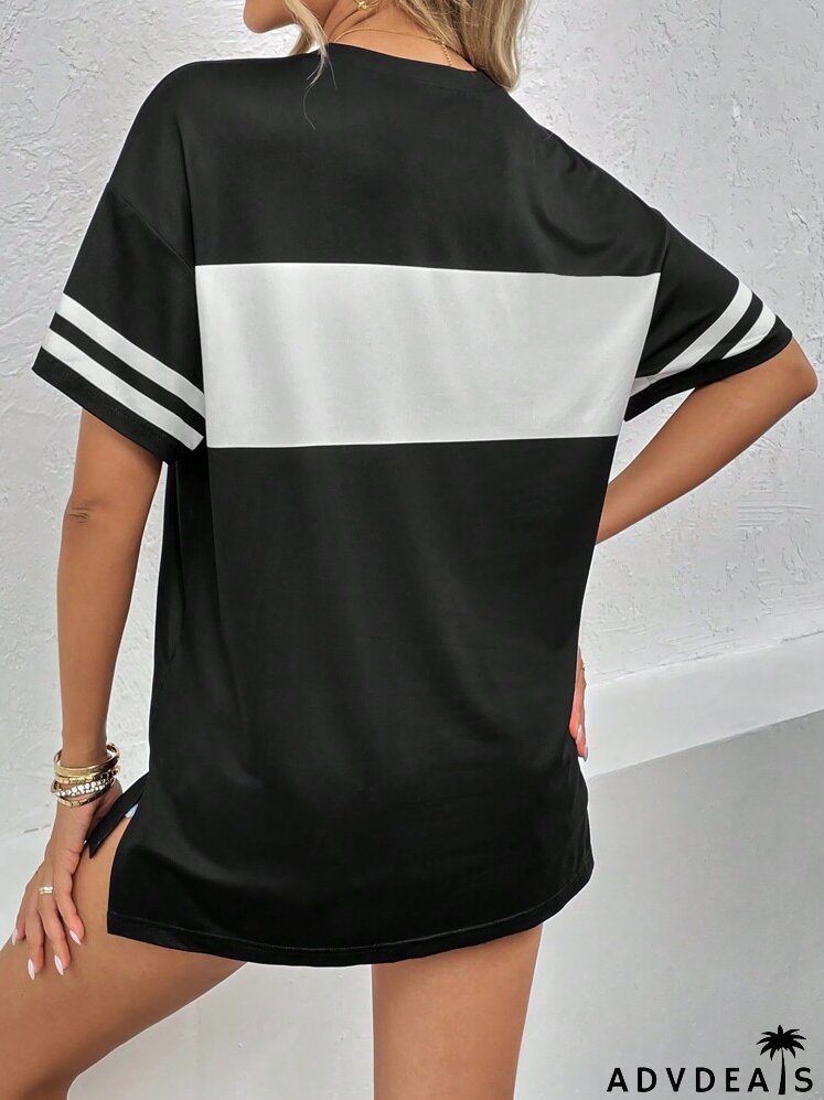 Colorblock Striped Print Drop Shoulder Tee