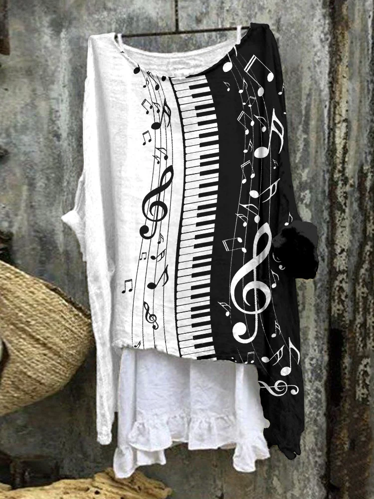 Piano Keys Music Notes Contrast Linen Blend Flowy Tunic