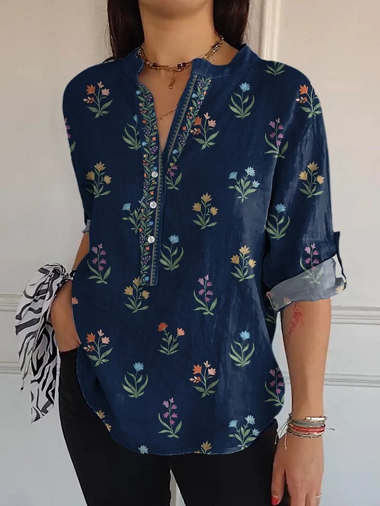 Ethnic Style Simple Floral Pattern Printed Women's Casual Long Sleeve Comfortable Cotton Shirt