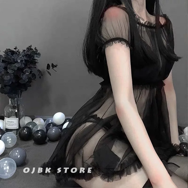 Lace Lingerie Black White Transparent Lovely Sexy Cute Princess Sleeping Nightdress Sleepwear Lolita Kawaii Chiffon Dress