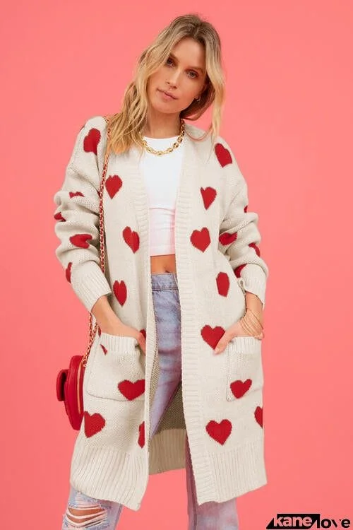 Heart Graphic Open Front Cardigan with Pockets