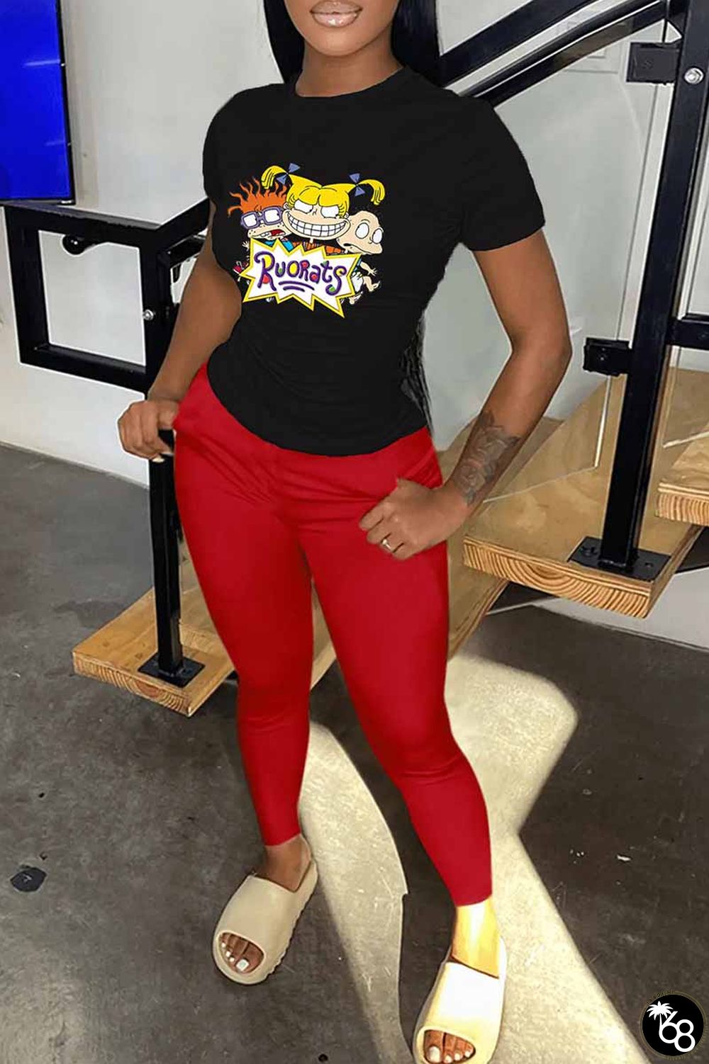 Red Casual Character Print Letter O Neck Short Sleeve Two Pieces | 168DEAL