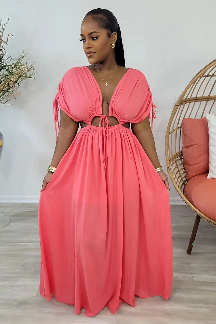 V Neck Dropped Shoulder Cutout Cinch Waist Maxi Dresses-Pink [Pre Order]