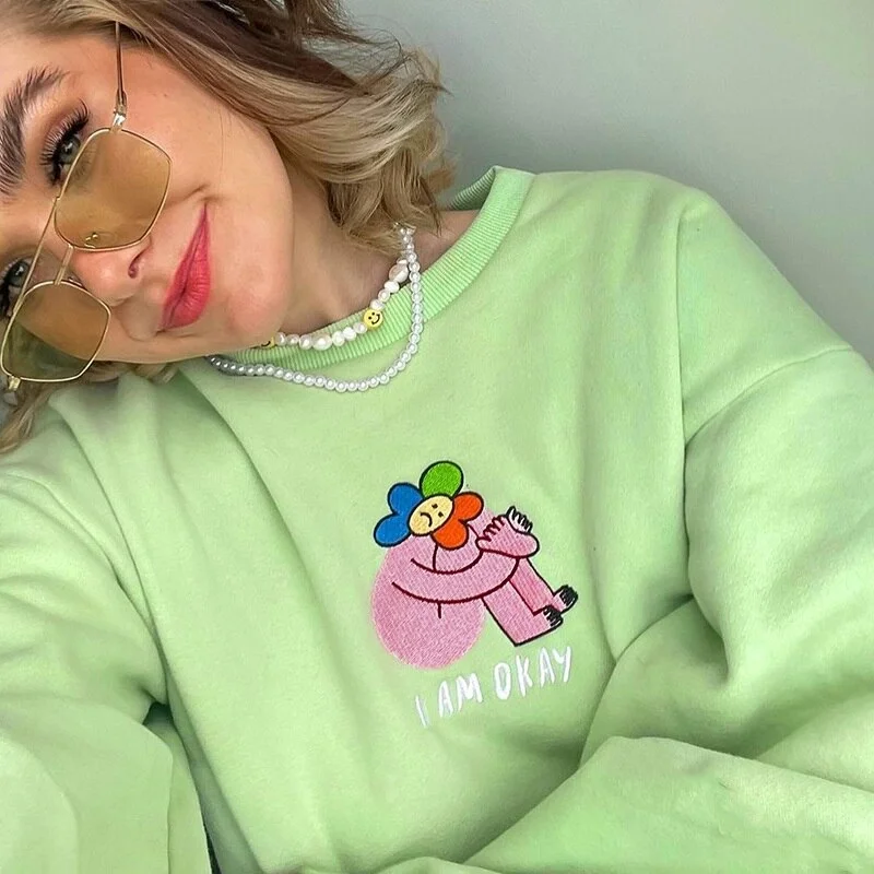 WannaThis Cute Sweet Cartoon Embroidered Sweatshirts Kawaii Girl Cotton 2021 O Neck Long Sleeve Loose Women Pullover Autumn New