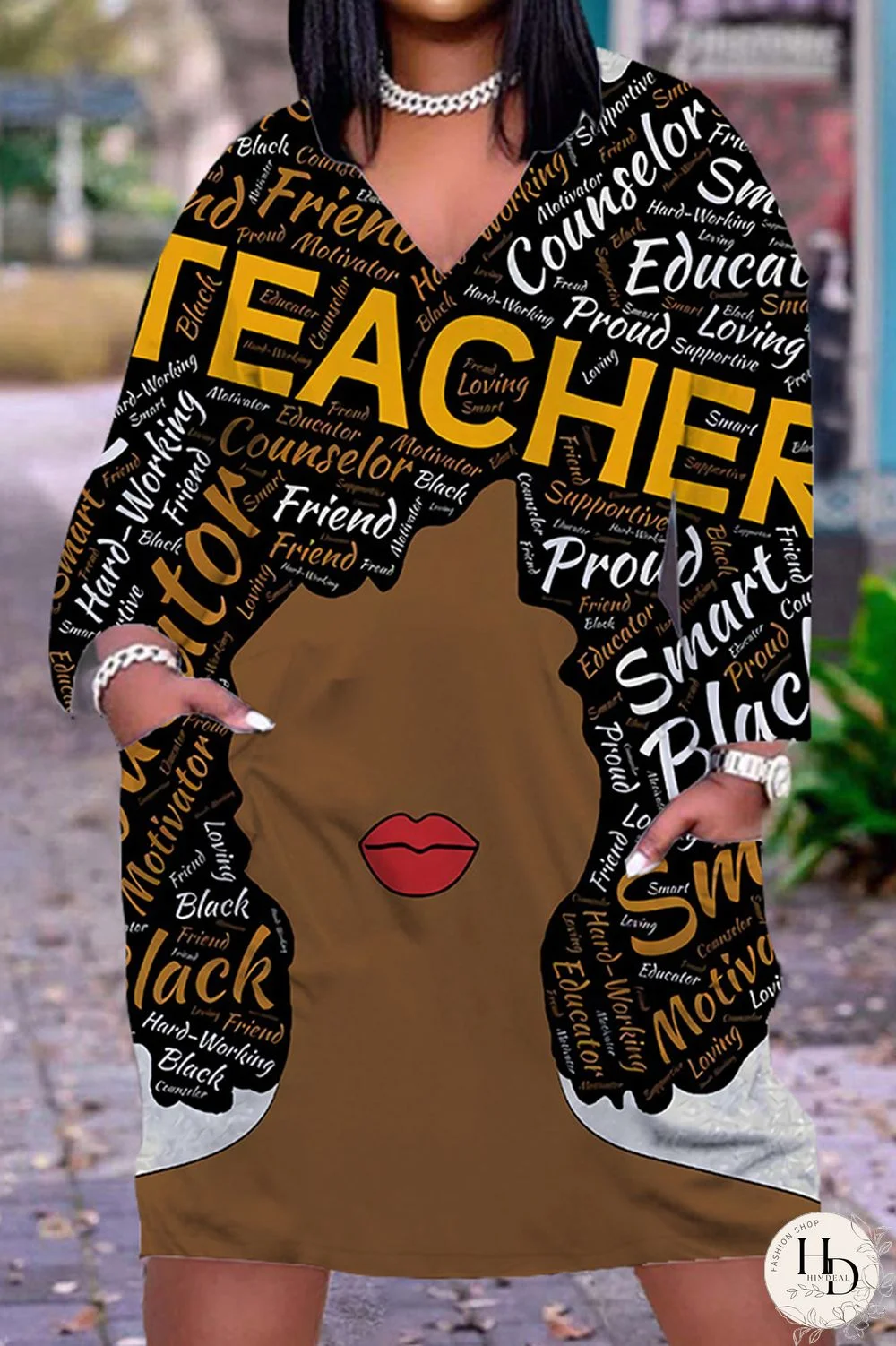 Black Orange Fashion Casual Print Patchwork V Neck Long Sleeve Dresses