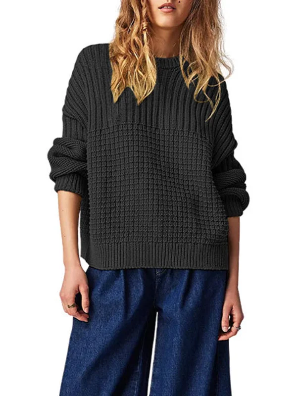 Solid Color Loose Long Sleeves Round-Neck Sweater Tops Pullovers