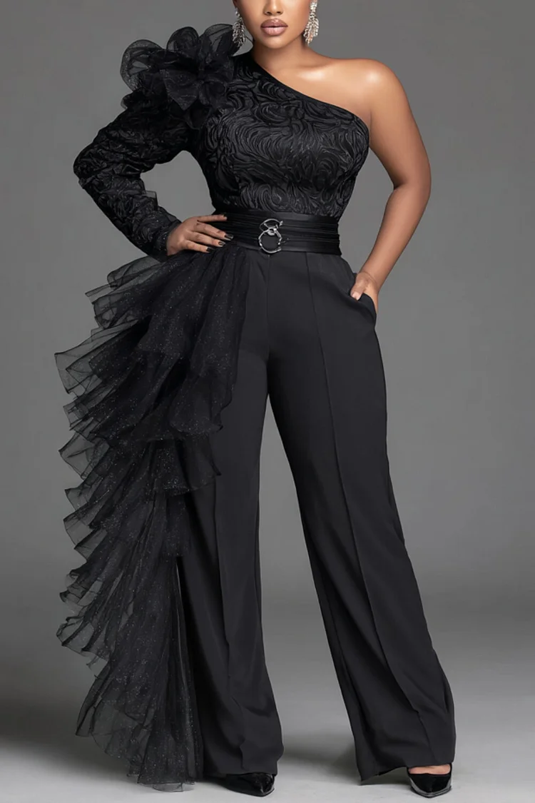 Xpluswear Design Plus Size Formal Black One Shoulder Long Sleeve 3D Elegant Pocket Jumpsuits [Pre-Order]