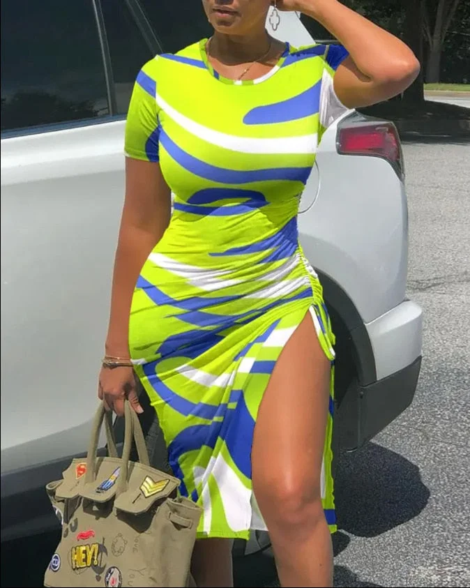 Summer Drawstring Dress Women Fashion Print V-neck Short-sleeved Drawstring Tight Tshirt Dress Women