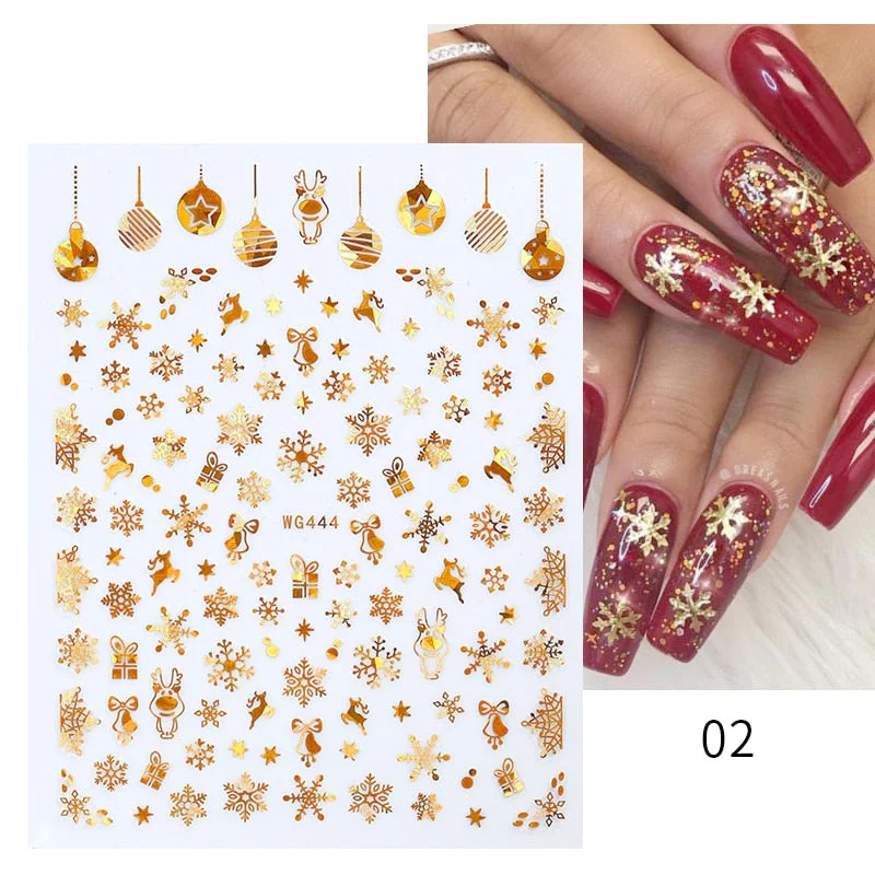 Winter Xmas Nail Art Sticker Gold Sliver Red 3D Bronzing Christmas Elk Santa Snowflake Rabbit Cartoon Slider Design Polish Decor-Nail Inspo
