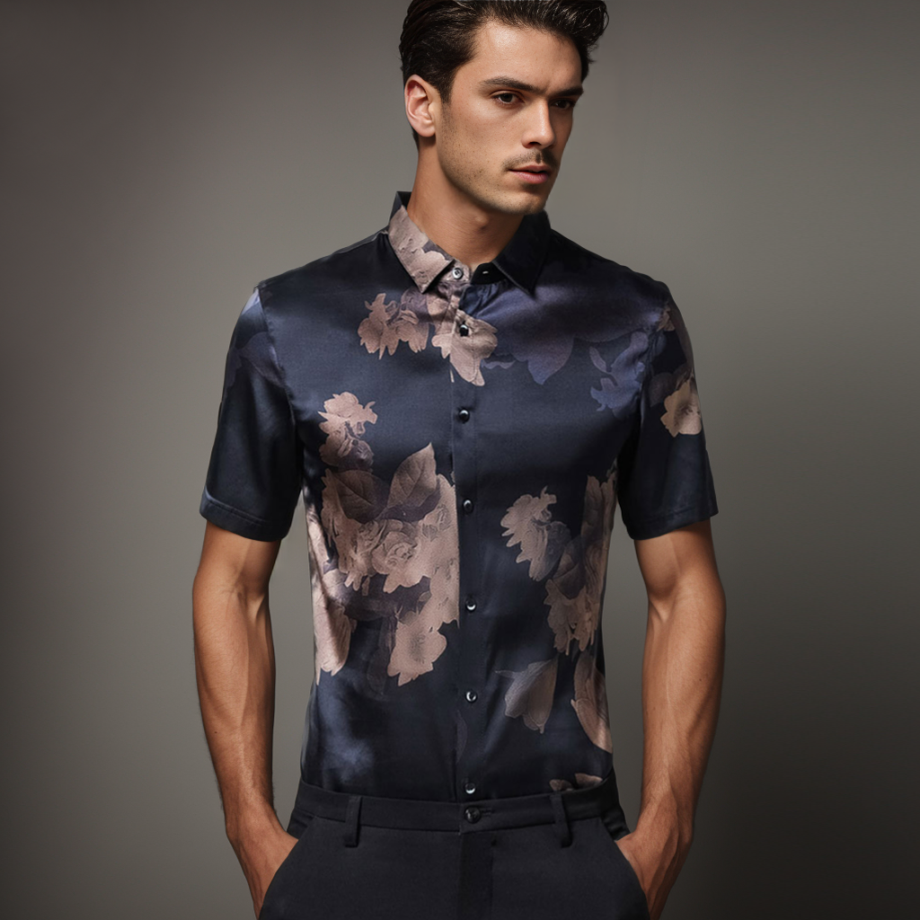 Chemises en soie à manches courtes pour hommes sans repassage sans plis imprimées- SOIE PLUS