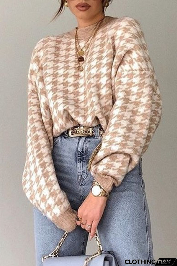 Fashion Street Geometric Patchwork Contrast O Neck Sweater(3 Colors)