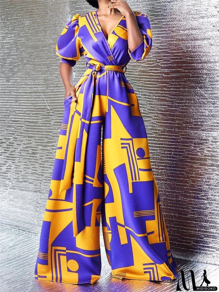 MidiSono - Loose Fit Wrap V Neck Short Sleeve Waist Tie Fastening Wide-Leg Full-Length Jumpsuit