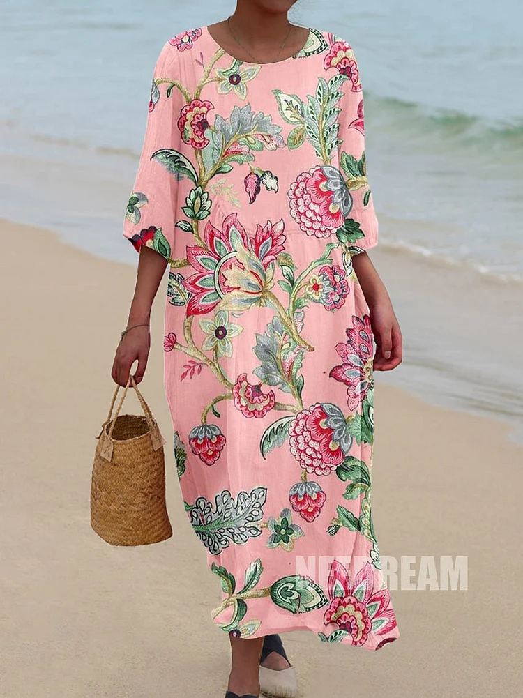 Womens Artistic Poppy Floral Pattern Pocket Cotton Dress
