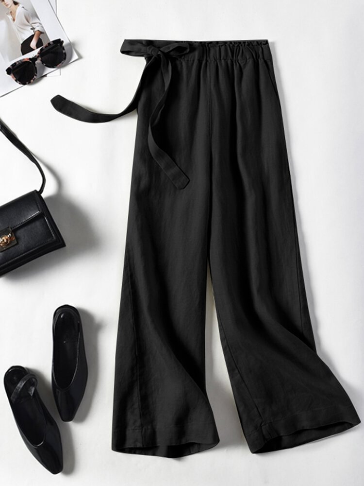 Solid Tie Elastic Waist Pocket Casual Women Pants - BlackFridayBuys