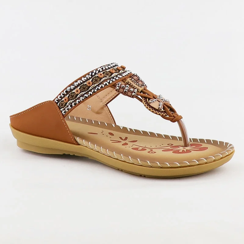 Flat sandals women shoes Flip Flops Sandals Soft Metal decoration Rhinestone ethnic style Elastic band Summer sandals 2021