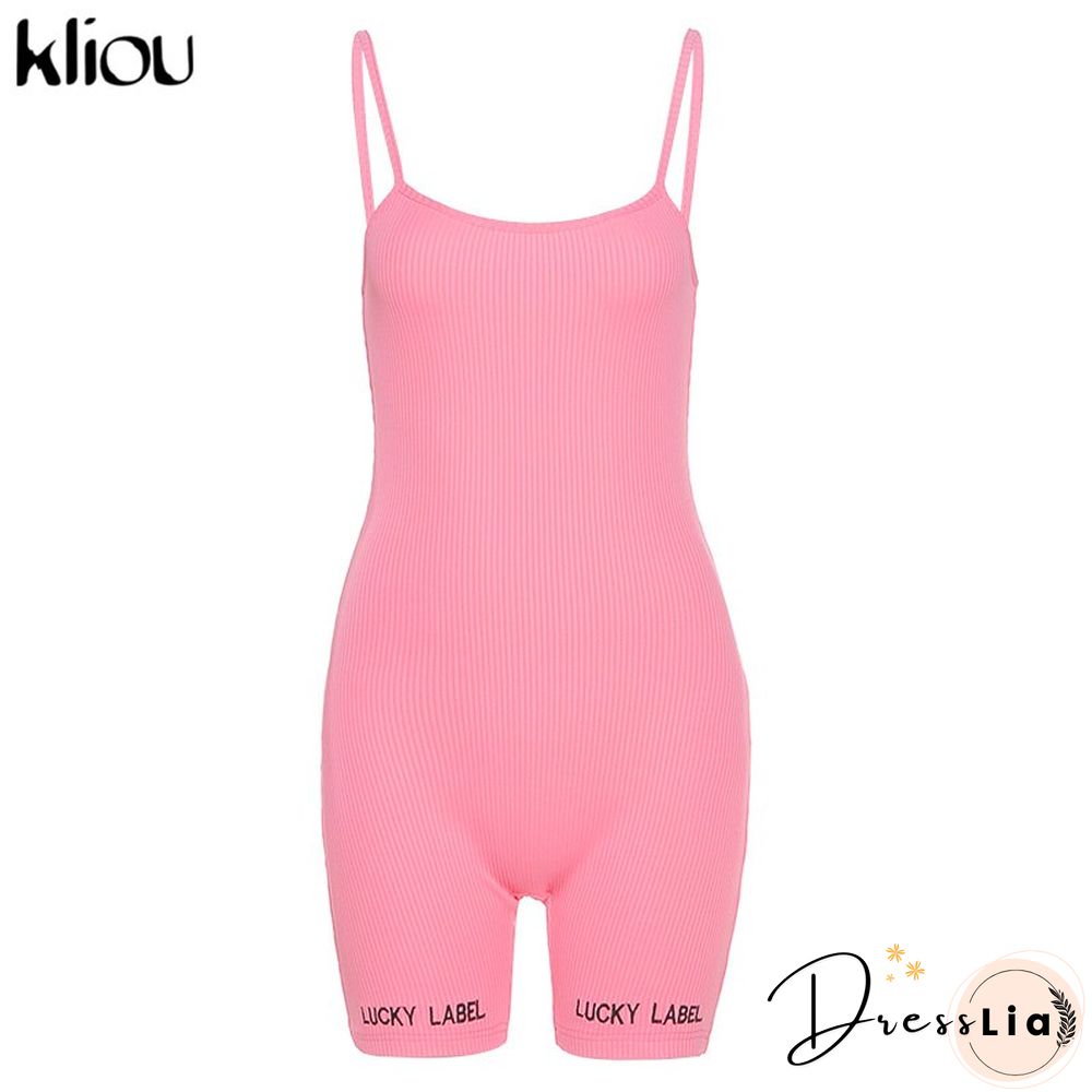 Kliou suspenders rompers women summer playsuit slash neck Letters Embroidery elastic streetwear ribbed sleeveless slim