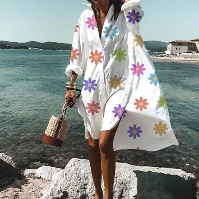 Women Buttons Shirt Dresses Autumn Elegant Floral Printed Long Sleeve Dress Ladies Casual Loose A-Line Beach Boho Dress Vestidos