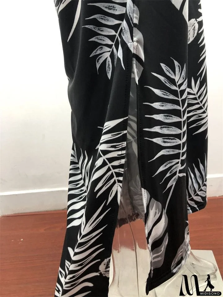 MidiSono - Women's Sexy Backless Digital Print Halter Side Slit Jumpsuit