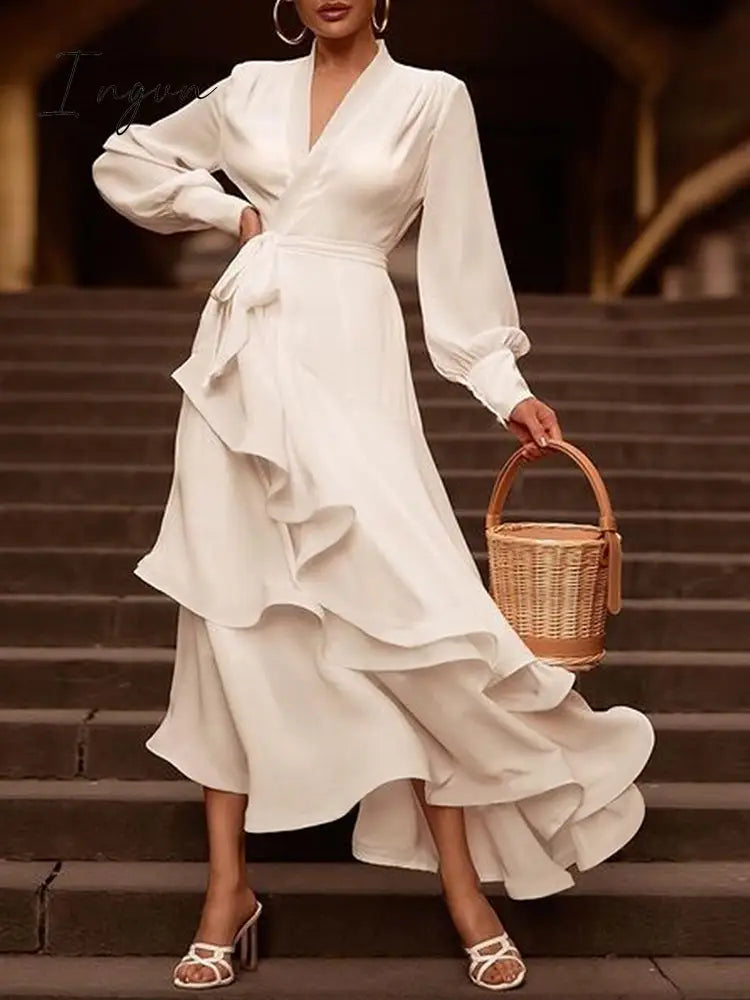 Ingvn - Outfits 2023 Elegant White Dresses Women Cascading Ruffle Long Sleeve V Neck Maxi Dress