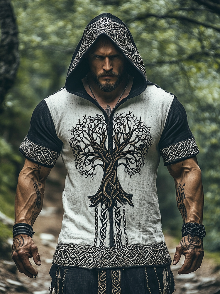 Men's Vintage Viking Tree Of Life Contrast Color Hooded T-shirt / Rvogue / Rvogue