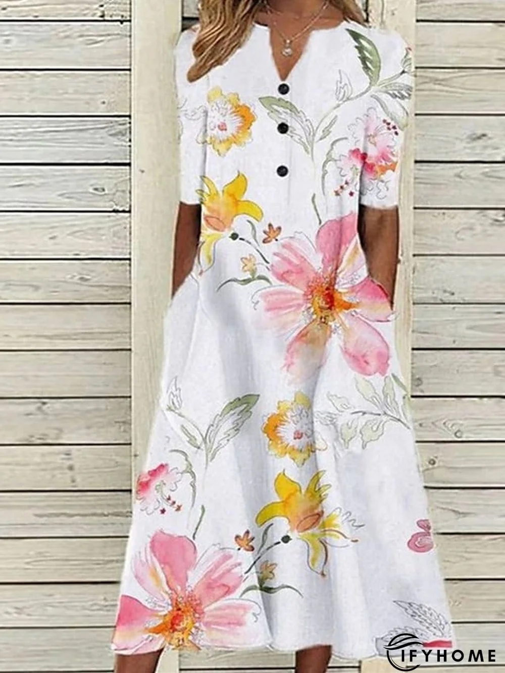 Women's Casual Dress Print Dress Loose Dress Floral Pocket Print V Neck Midi Dress Active Fashion Outdoor Daily Short Sleeve Loose Fit Black White Light Green Spring Summer S M L XL XXL | IFYHOME