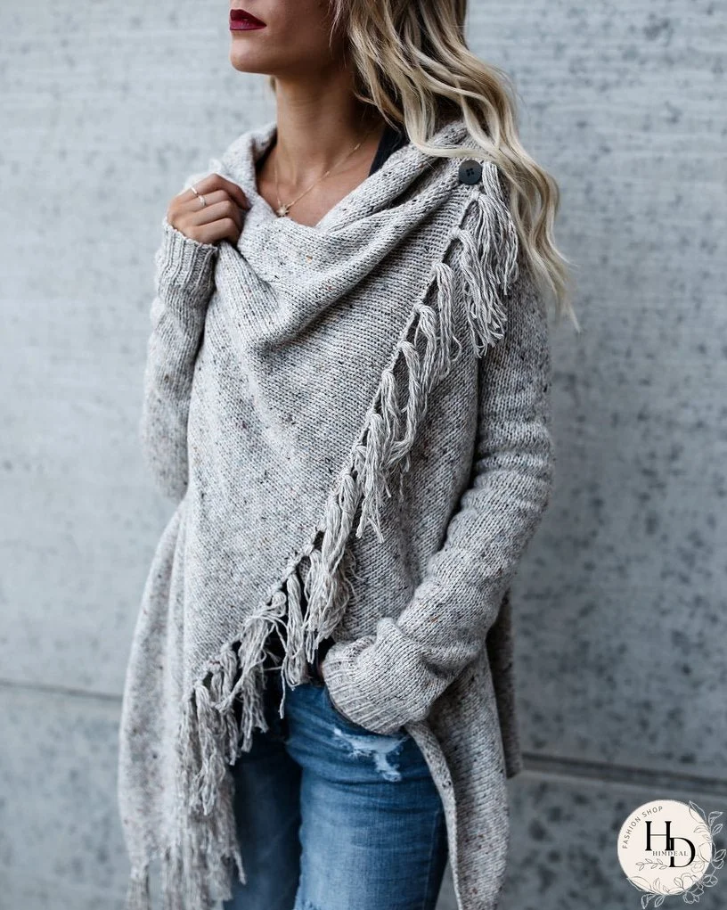Knit Long Sleeve Tassel Irregular Sweater