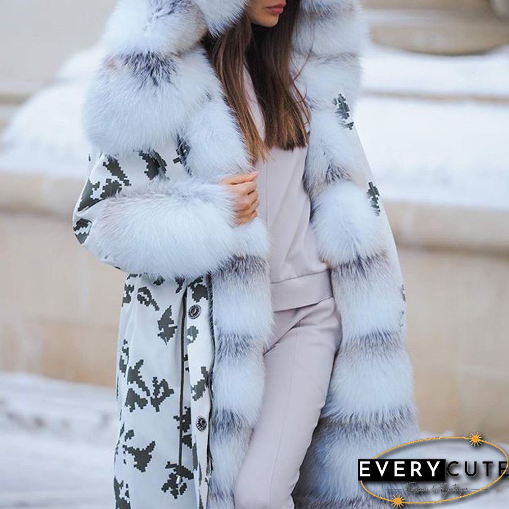 Fur Stitching Printing Long Down Jacket