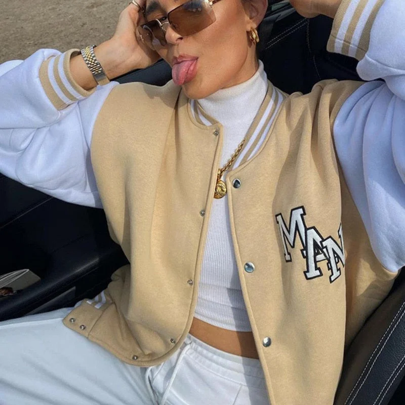 Baseball Women Bomber Jacket Single Breasted Stand Collar Letter Embroidery Loose Autumn Jackets Brown Jackets For Women 2021