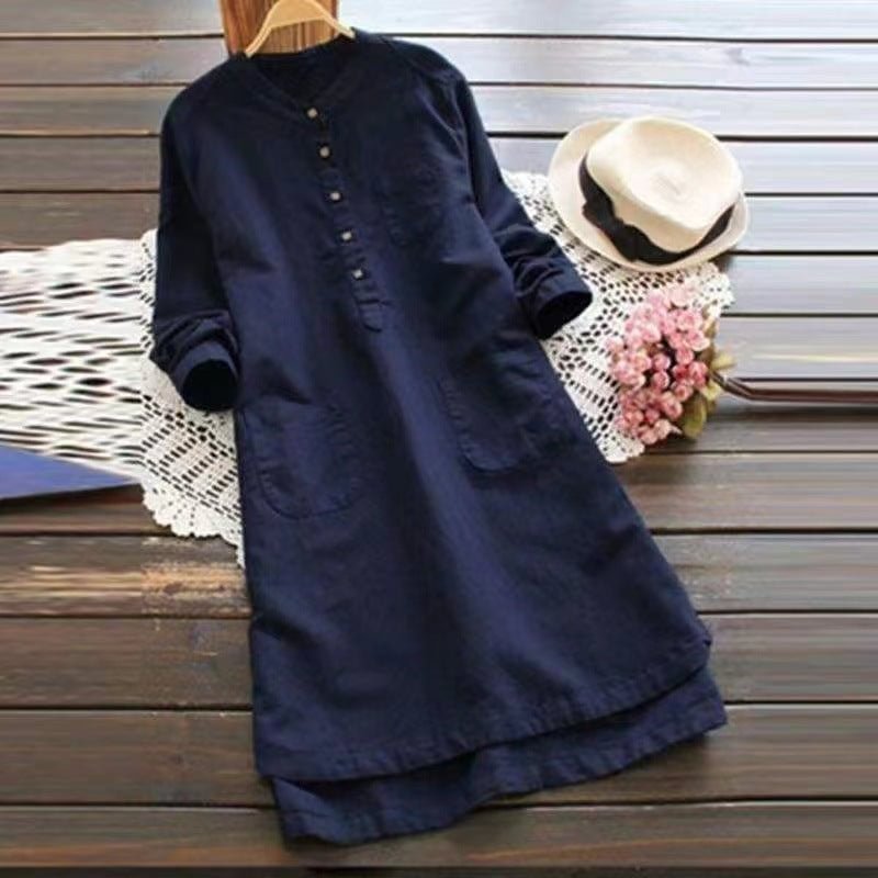 Spring Dress Retro Cotton And Linen Long Sleeve Half Cardigan Mid-length Shirt