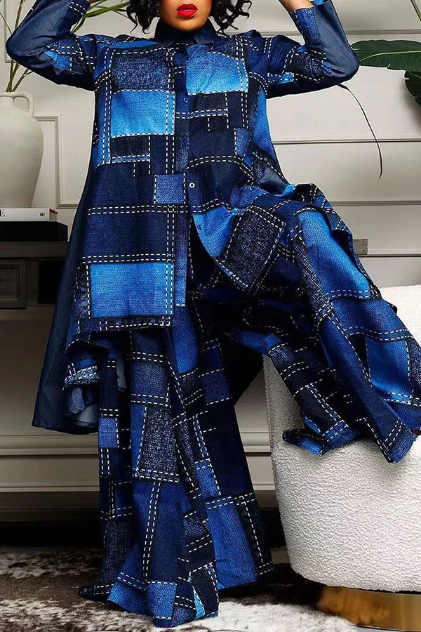 Imitation Denim Print Oversized Flowy Wide Leg Pant Suit